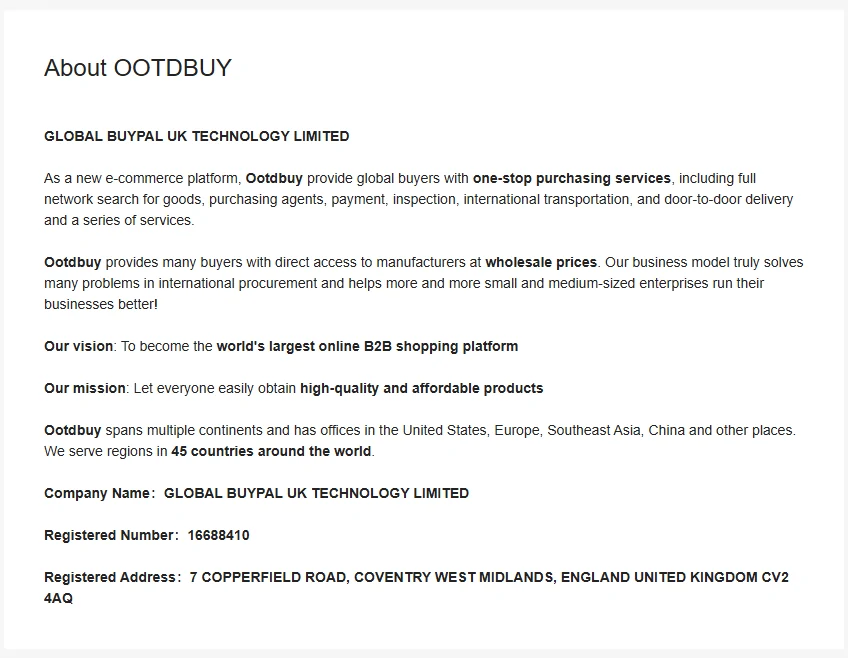 OOTDBUY About page naming GLOBAL BUYPAL UK TECHNOLOGY LIMITED as the operating company