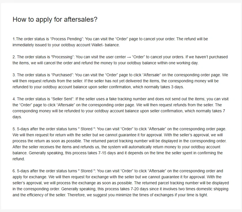 OOTDBUY aftersales page describing what can still be done at each order status, from process pending through to stored