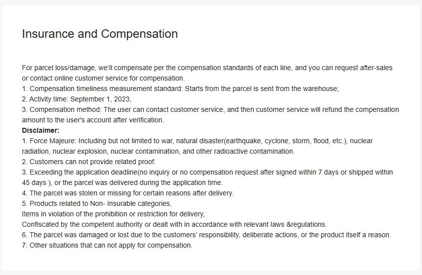OOTDBUY Insurance and Compensation page setting out the claim deadlines and what is covered for lost or damaged parcels