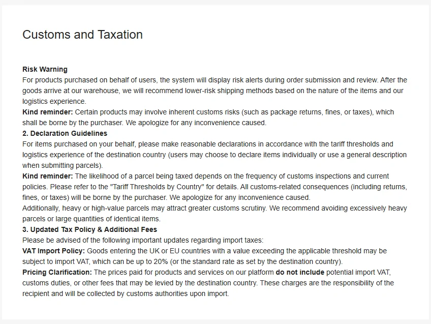 OOTDBUY Customs and Taxation page warning that duties are the buyer responsibility and that large parcels may be treated as commercial