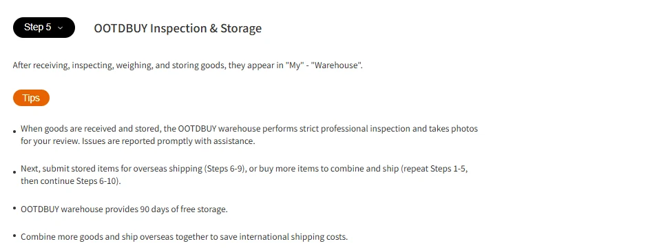 Official OOTDBUY guide Step 5 covering inspection and storage, stating that the warehouse performs inspection, takes photos, and provides 90 days of free storage
