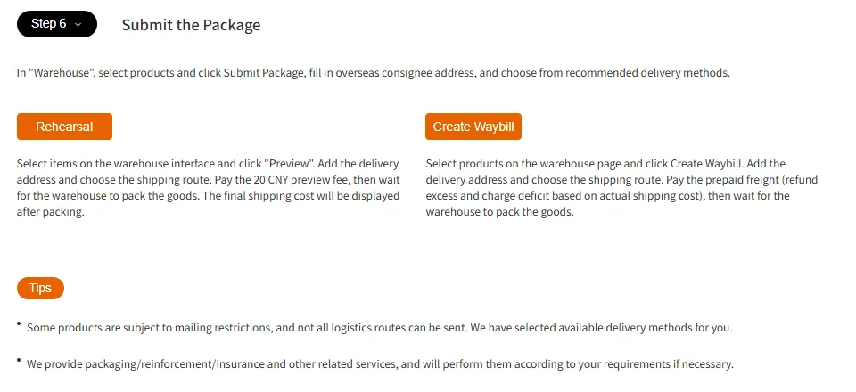 Official OOTDBUY guide Step 6 contrasting Rehearsal, which costs a 20 CNY preview fee, with Create Waybill, which charges prepaid freight and settles the difference afterwards