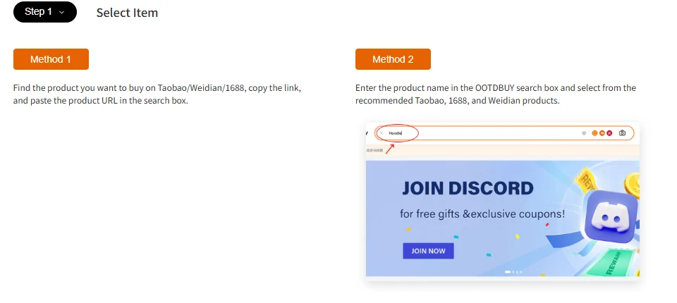 Official OOTDBUY guide Step 1 showing the two ways to start an order: pasting a product URL, or typing a product name into the OOTDBUY search box