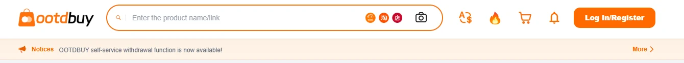 Top of the official OOTDBUY home page with the search bar and a notice bar reading OOTDBUY self-service withdrawal function is now available