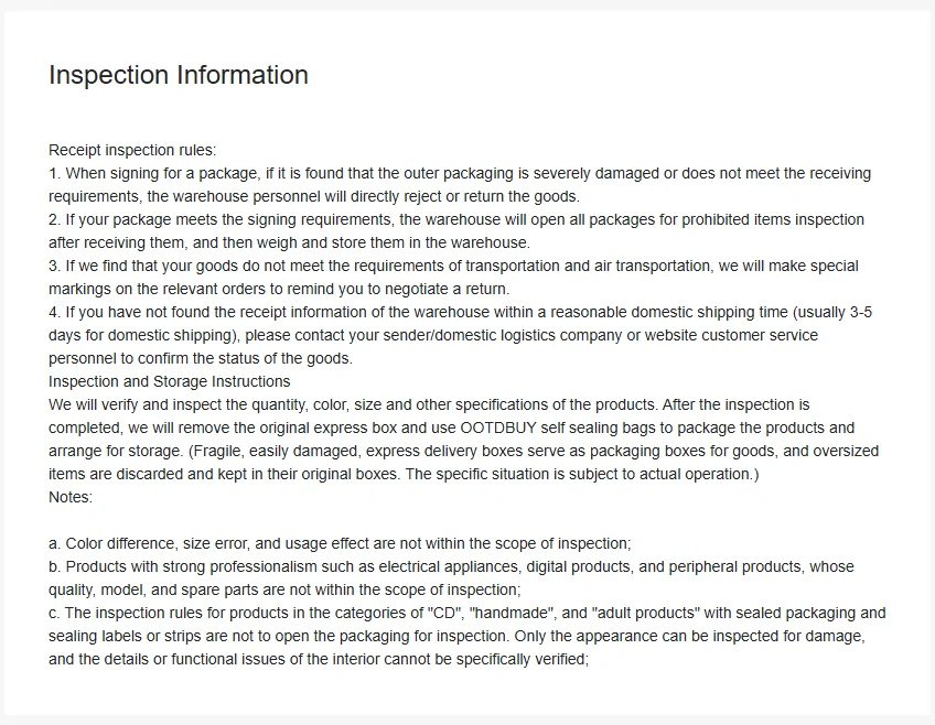 OOTDBUY Inspection Information page listing what the warehouse check covers and the items it explicitly excludes