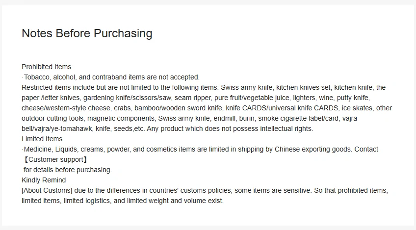 OOTDBUY Notes Before Purchasing page listing prohibited goods such as tobacco and alcohol, and restricted goods including blades, lighters, magnets, liquids, powders and cosmetics