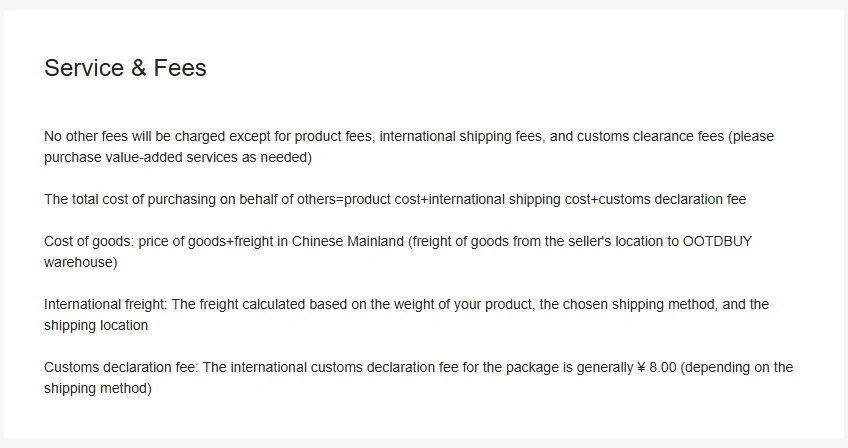 OOTDBUY Service and Fees page stating that no fees are charged beyond product fees, international shipping and customs clearance