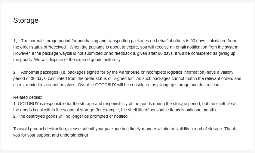 OOTDBUY Storage page stating 90 days of normal storage counted from received status, and 30 days for abnormal packages with no reminder