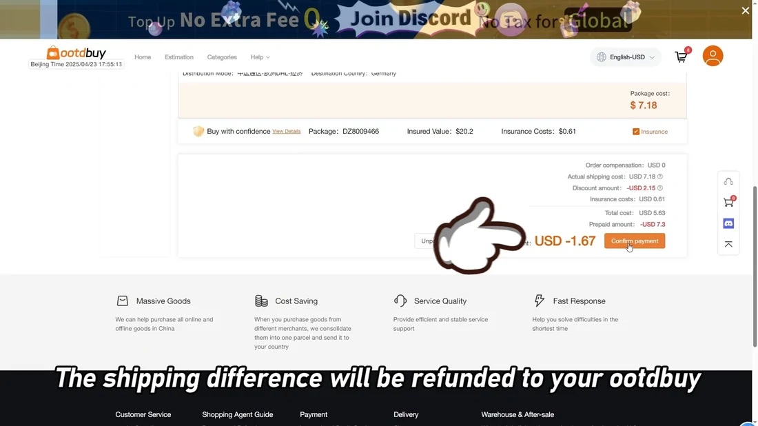 Frame from the official OOTDBUY tutorial video with the caption saying the shipping difference will be refunded to your ootdbuy account, next to an order screen showing a refund of USD 1.67