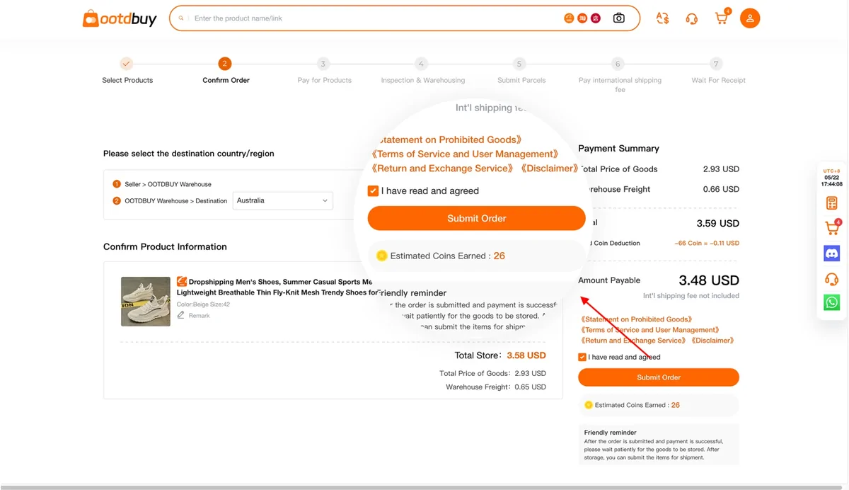 OOTDBUY confirm order page with a seven step progress bar, destination country selector, product line and payment summary