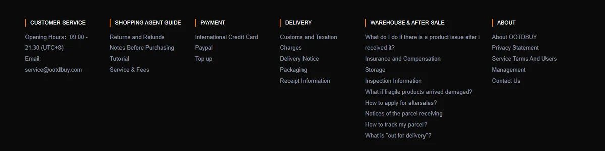 The OOTDBUY footer help index with six columns: customer service, shopping agent guide, payment, delivery, warehouse and after-sale, and about