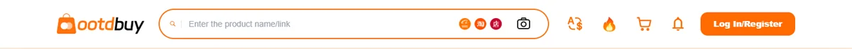 The OOTDBUY site header with its search field reading enter the product name or link, marketplace icons and a login button