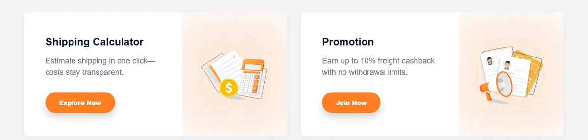OOTDBUY homepage quick access panel with a shipping calculator card and a promotion card