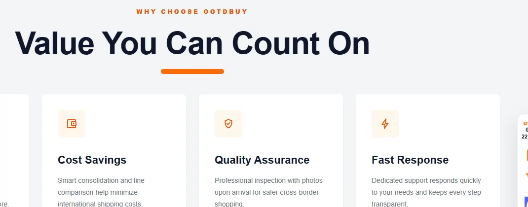 OOTDBUY homepage cards headed Cost Savings, Quality Assurance and Fast Response